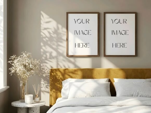 Double Wood Frame Mustard Bed Mockup
